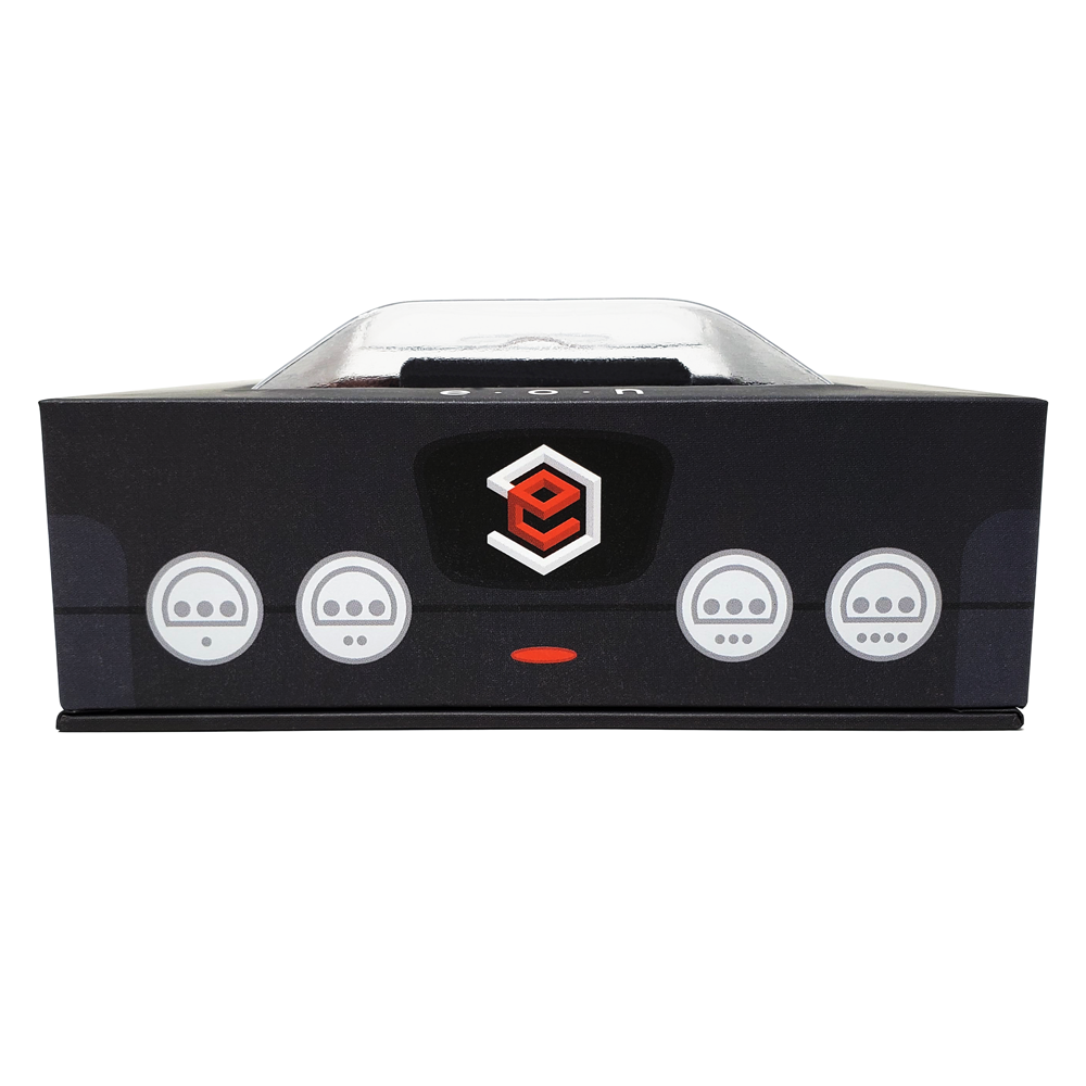 Straight-on view of the front of the EON Super 64 packaging mimicking an N64 console