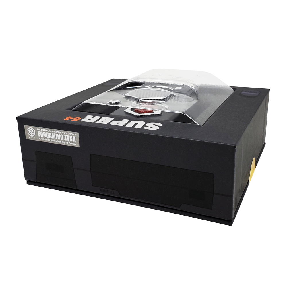 Back of the EON Super 64 box showing setup instructions and product features