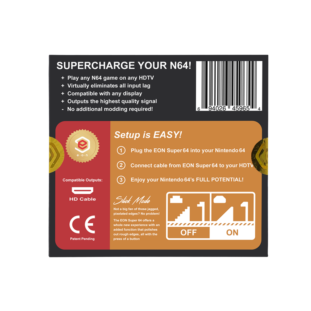 Bottom-up view of EON Super 64 box styled like a Nintendo 64, showing ports and power button artwork