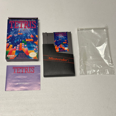 Nintendo Tetris game cartridge and packaging on a white surface