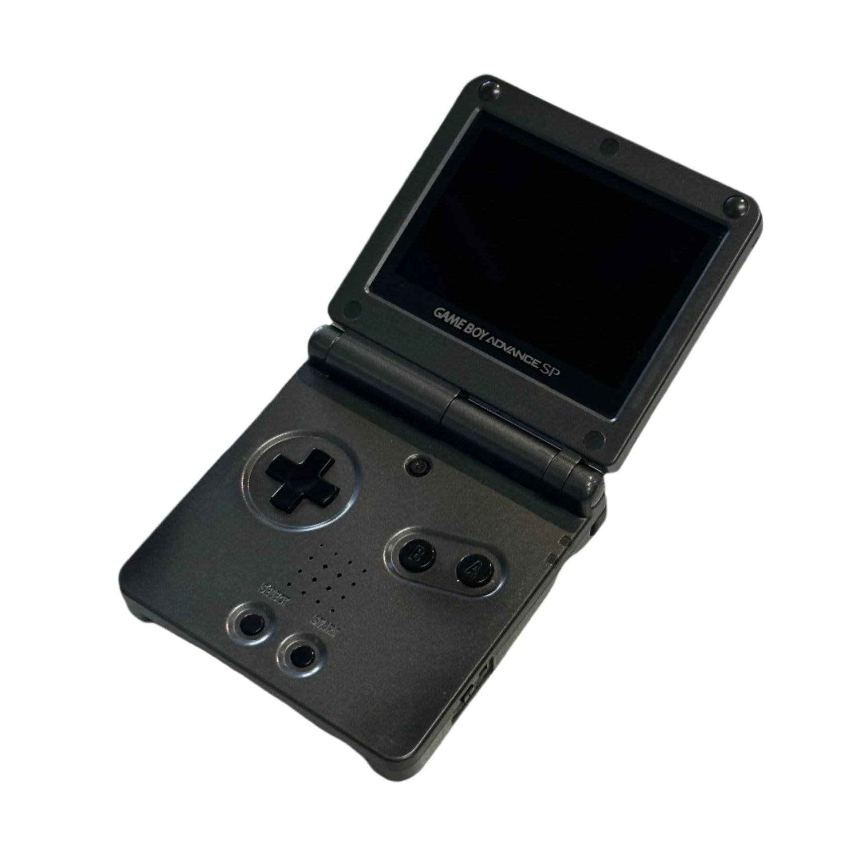 Black Game Boy Advance SP on a light gray surface