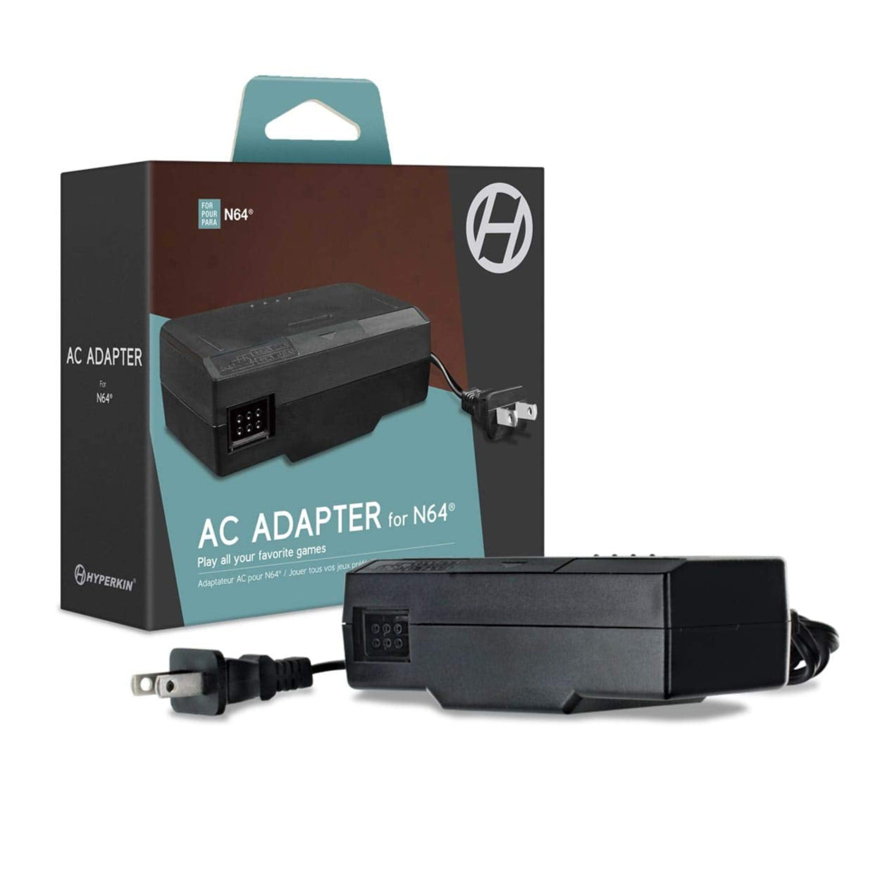 AC adapter for N64 with packaging on a white background