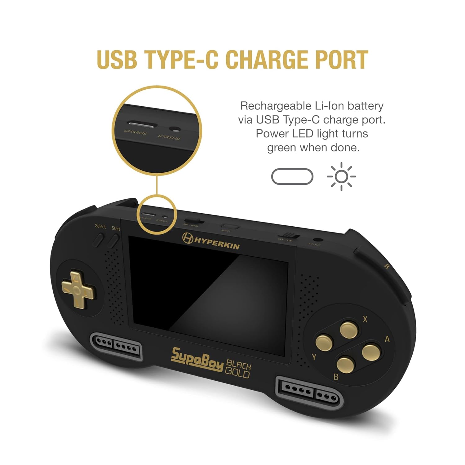 SupaBoy Portable Pocket Console for Super NES / Super Famicom Games - Black/Gold