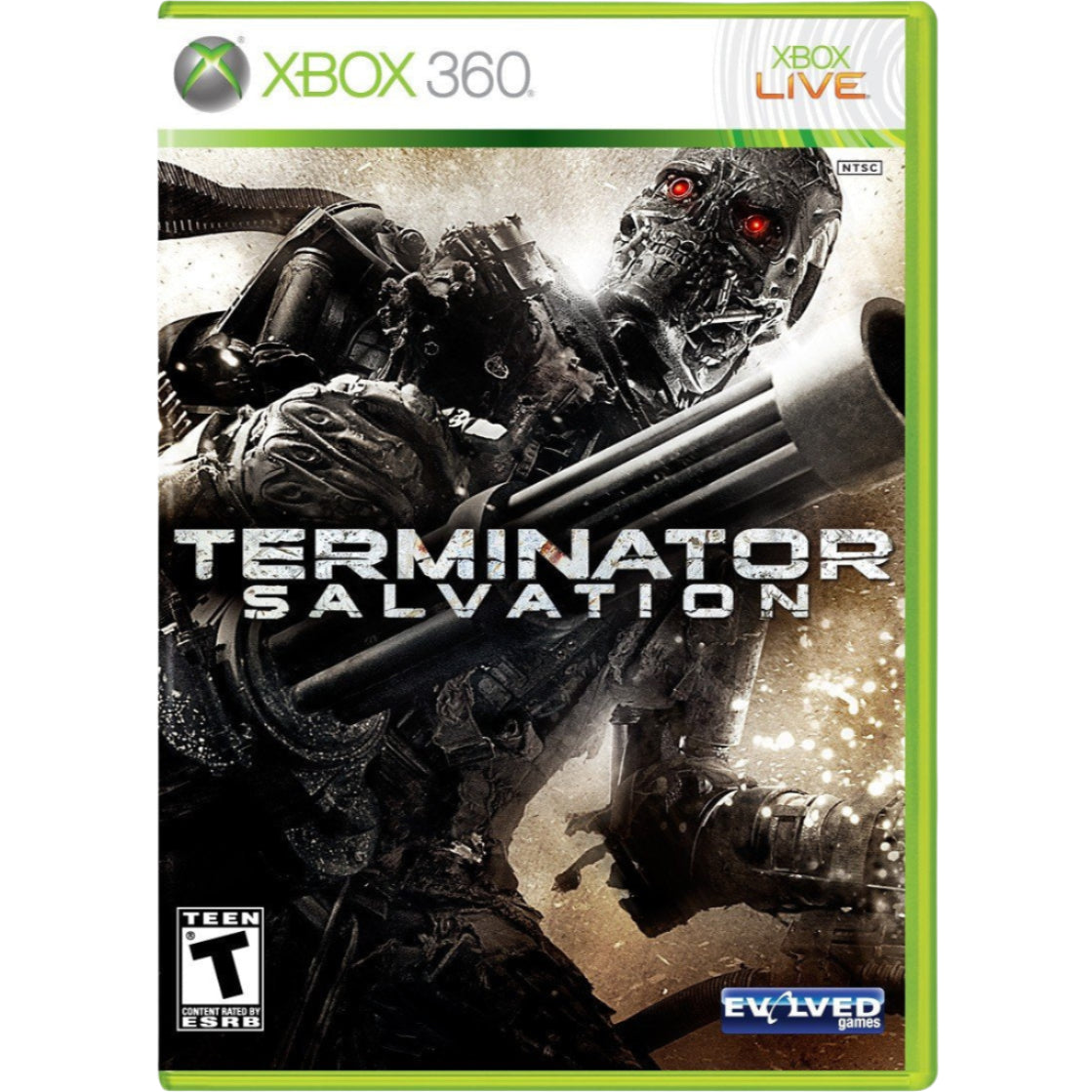 Game box for 'Terminator Salvation' for Xbox 360 with robot and human figure on cover.