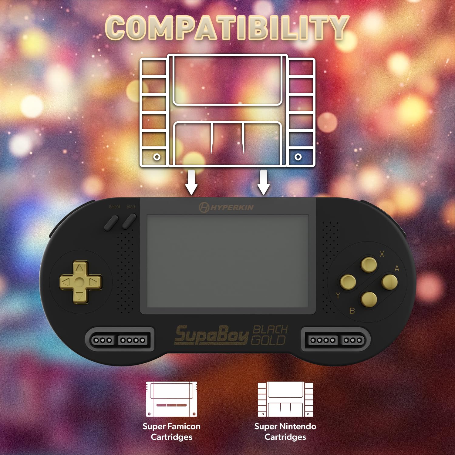 SupaBoy Portable Pocket Console for Super NES / Super Famicom Games - Black/Gold