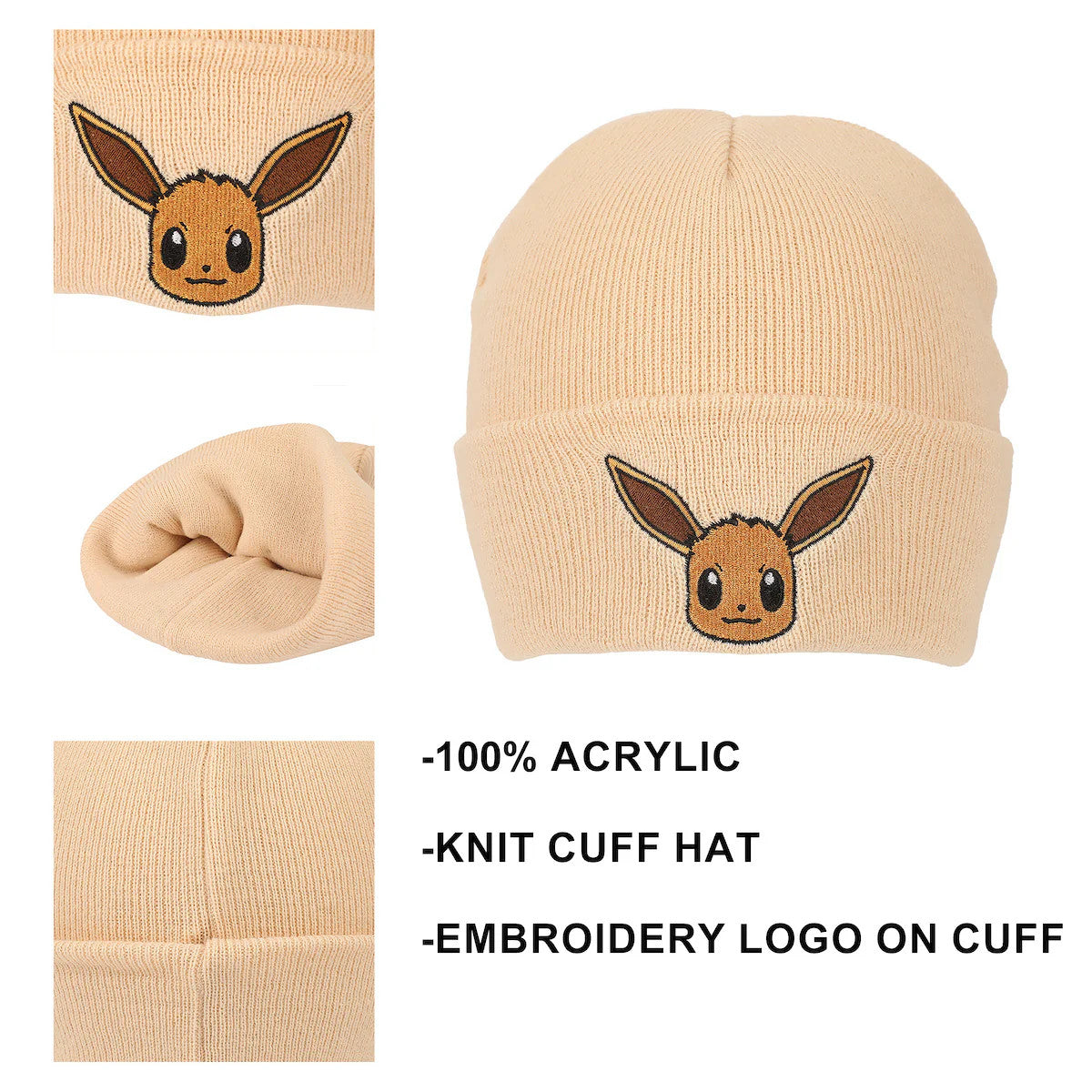 Pokemon Rib Knit Embroidered Eevee On Tan Cuff Beanie