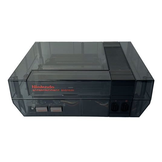 Front of a custom Nintendo NES console with a transparent black shell