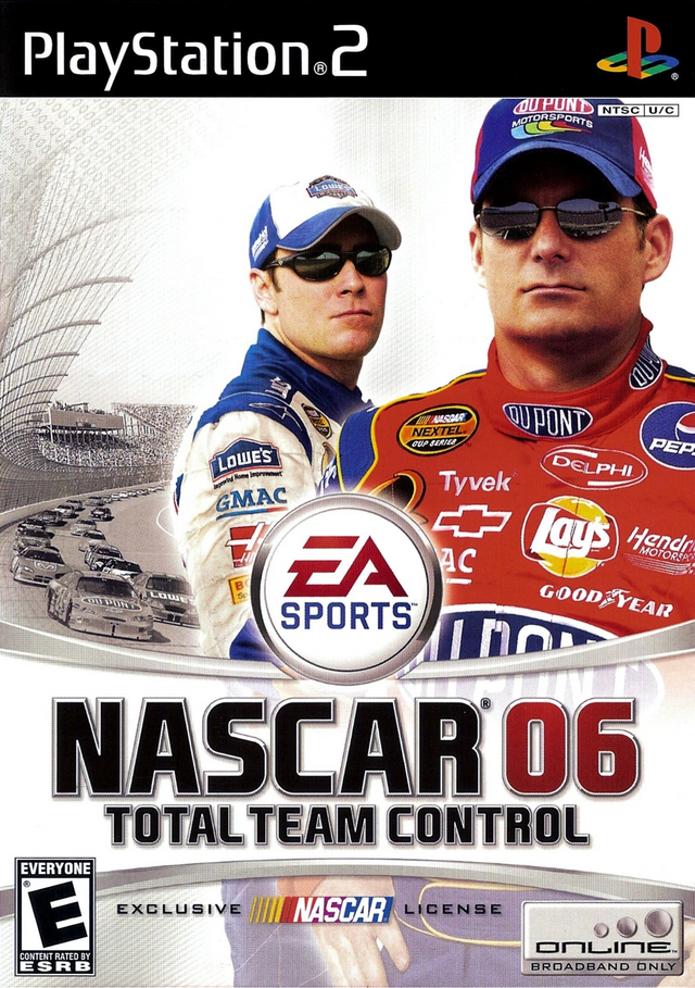 PlayStation 2 game cover for 'NASCAR 06 Total Team Control' featuring two racers and EA Sports logo.