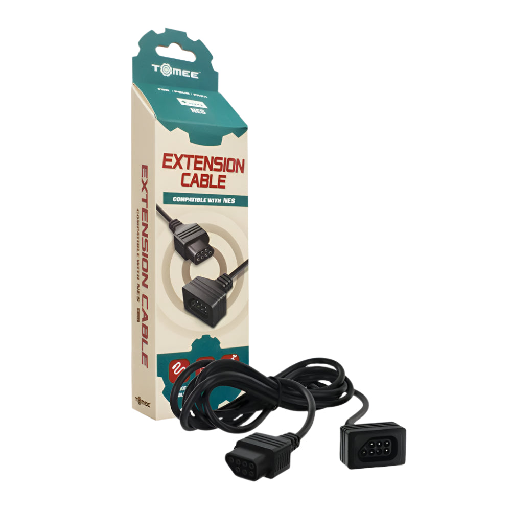 Extension cable for Nintendo NES controllers, showing the cable and its connectors, and the product packaging.