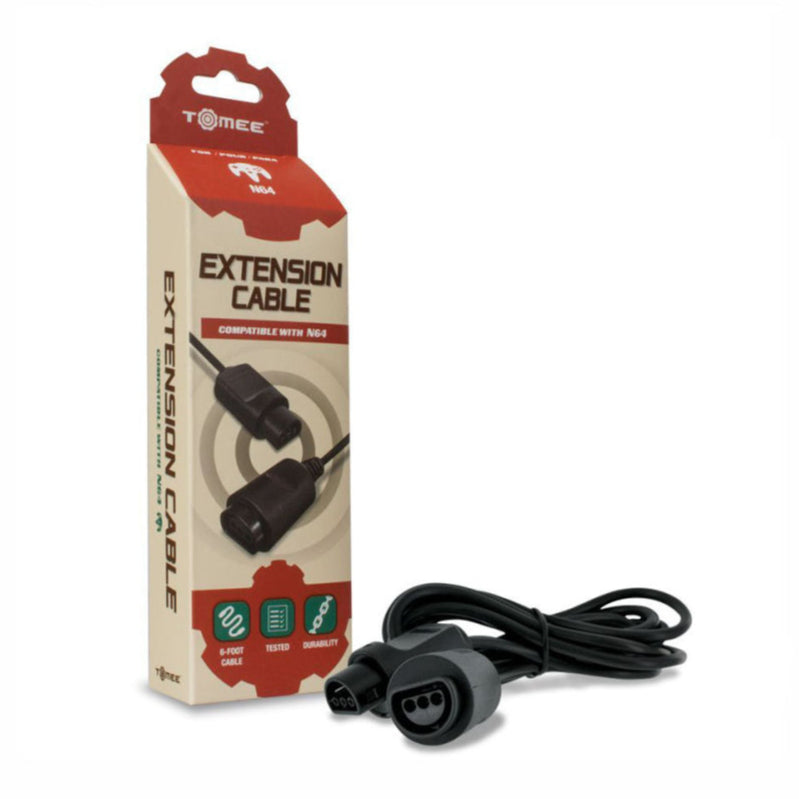 Extension cable for Nintendo 64 controllers by Tomee, displayed with packaging and cable.