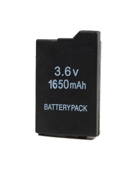 Packaging and battery pack for a Sony PSP 1000, showing a 1650mAh lithium-ion battery with 3.6V.