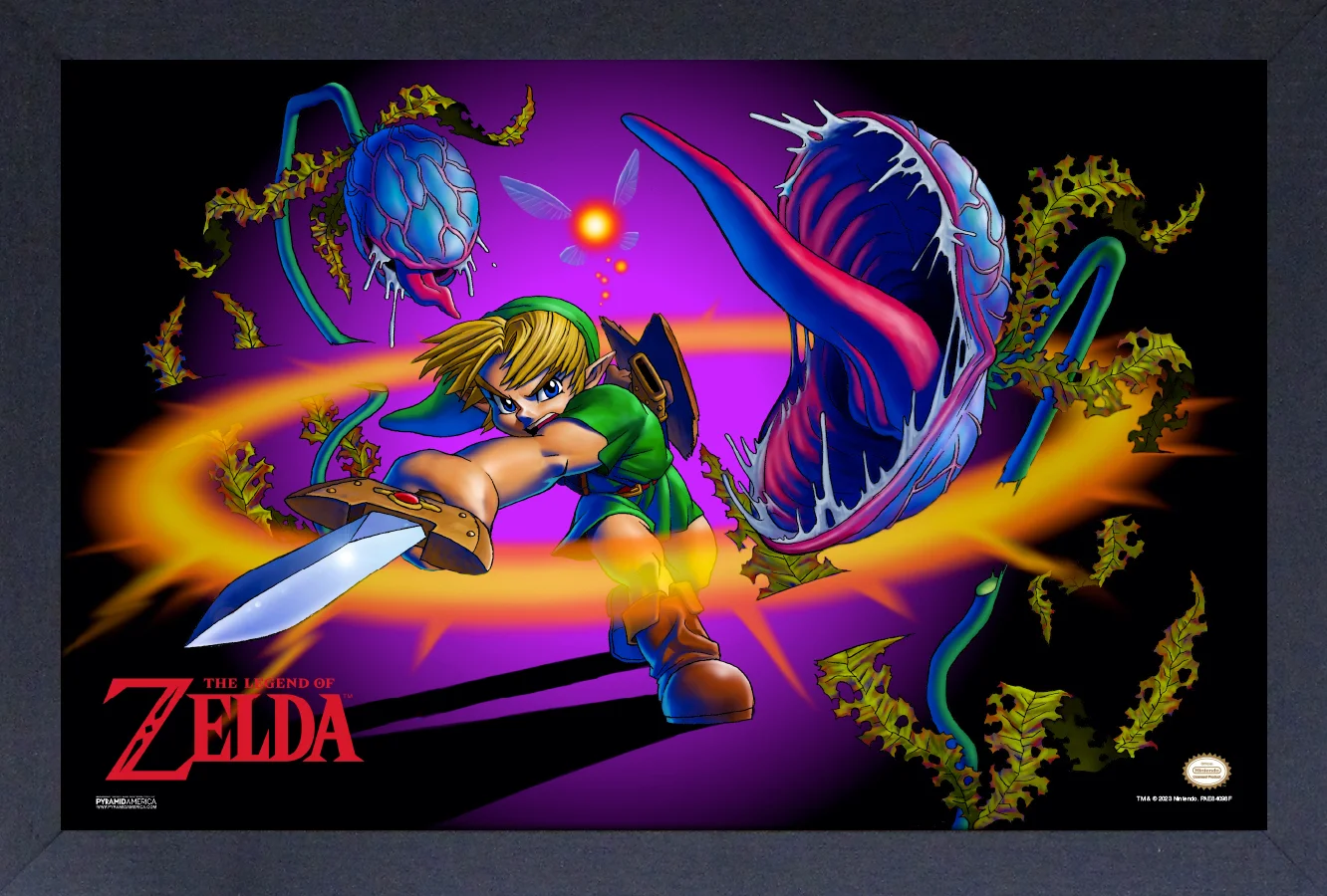 Zelda: Ocarina of Time - Link Slashing Deku Baba - 17"x11" Gel-Coat Framed Print