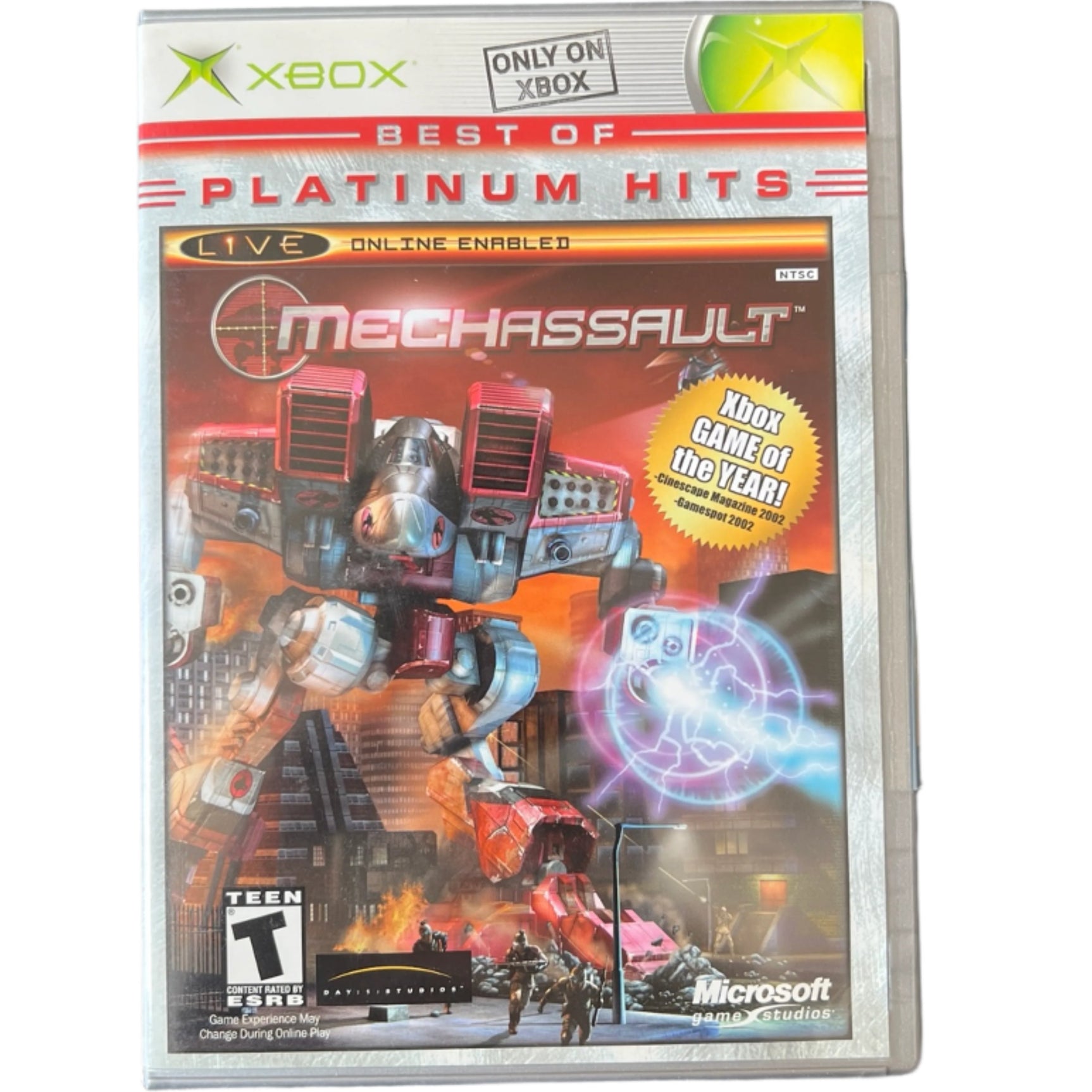 Xbox game case titled 'Mechassault' under 'Best of Platinum Hits' on a gray background