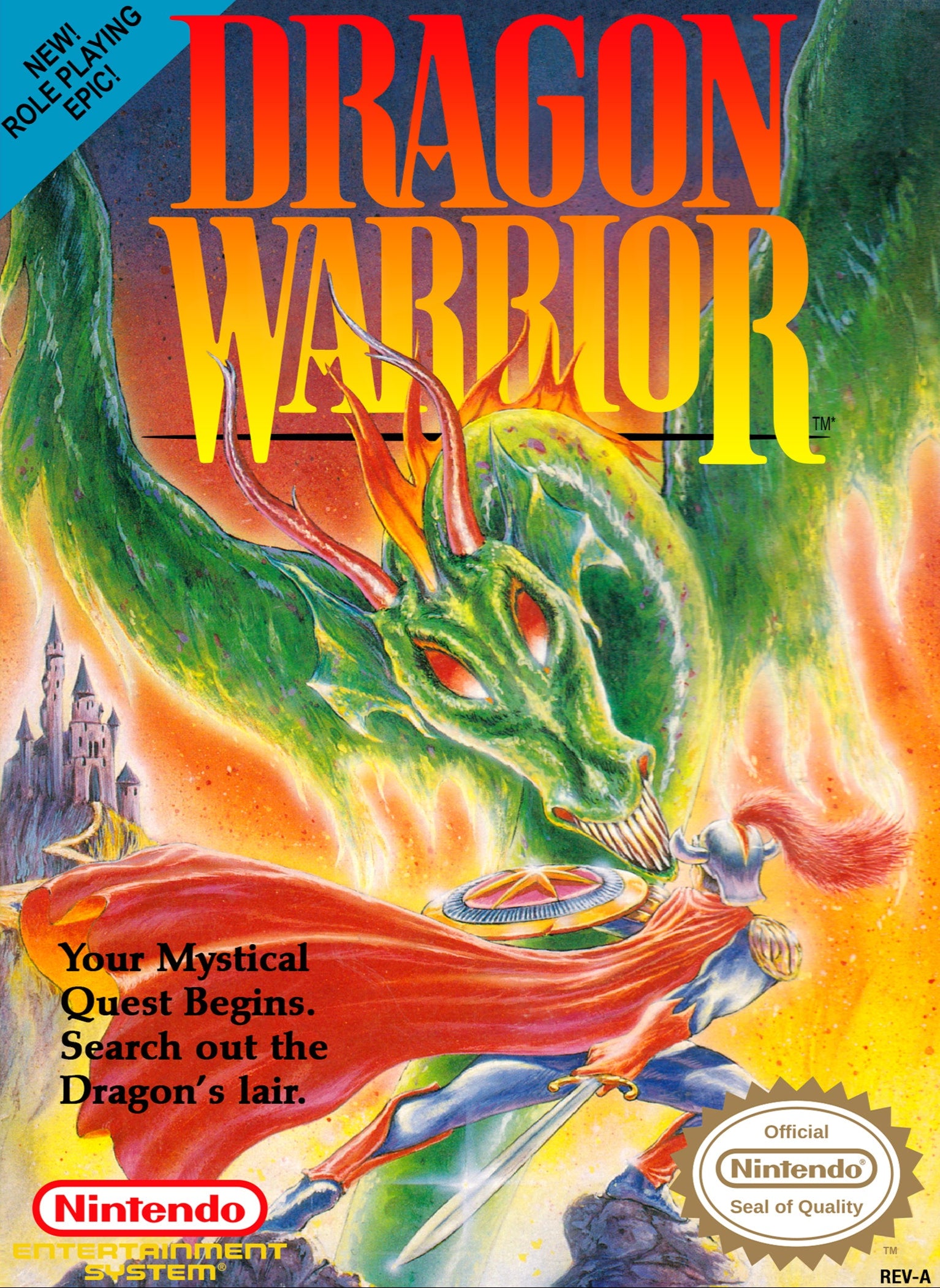 Dragon Warrior video game box for Nintendo Entertainment System with colorful graphics and text.