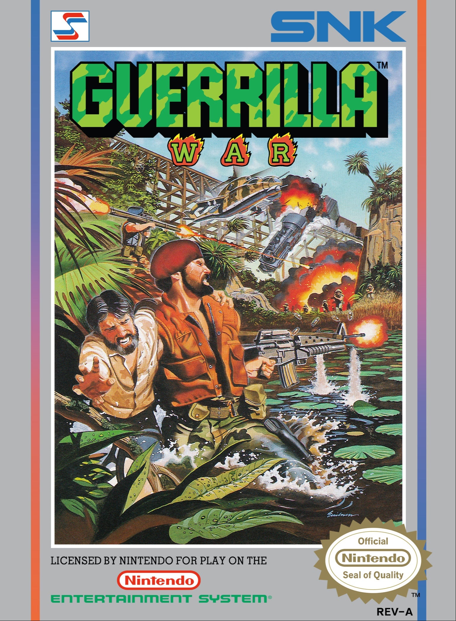 SNK Guerrilla War video game box for NES with colorful graphics and text.