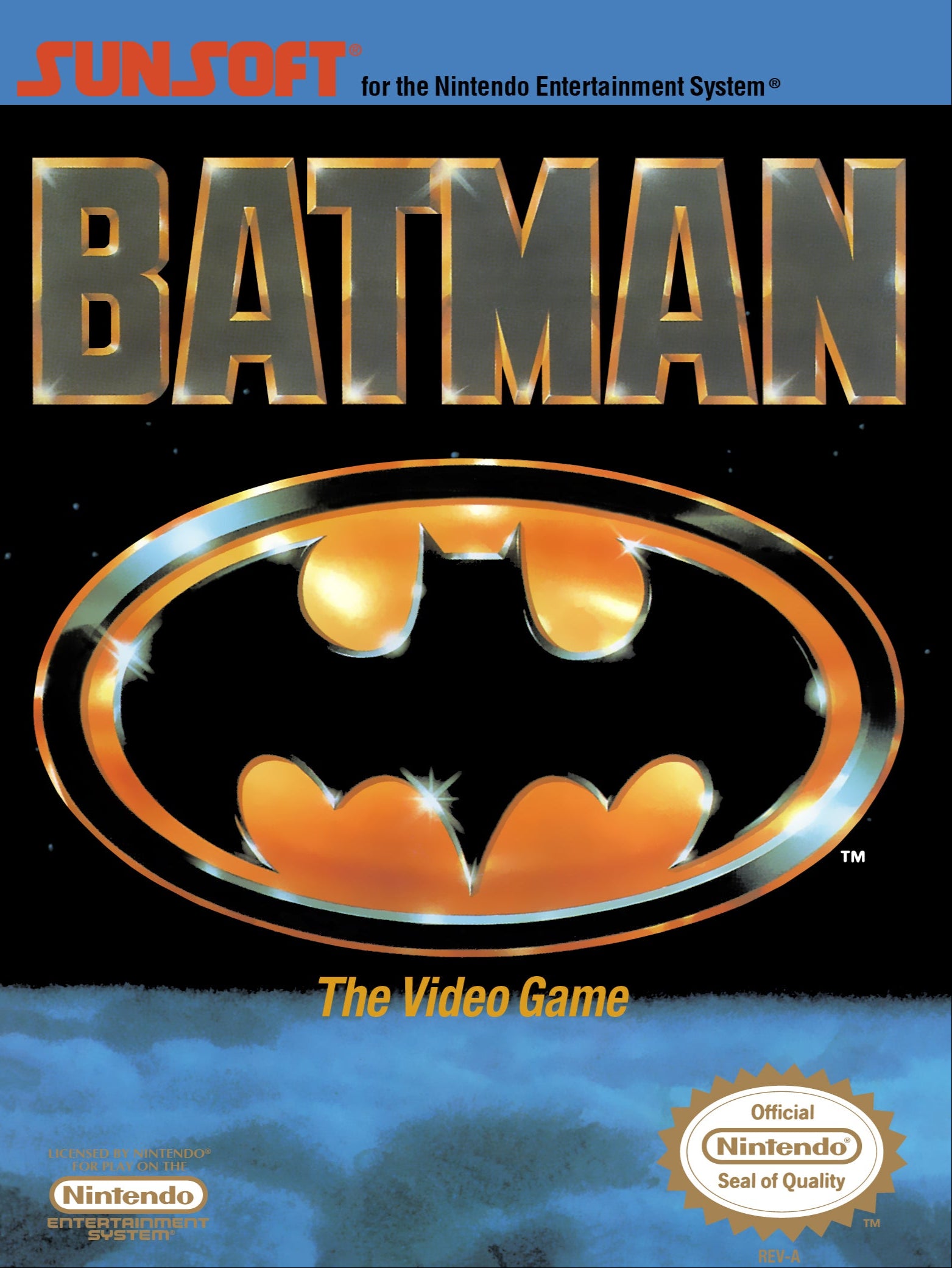 Nintendo Entertainment System game cartridge for 'Batman' with Batman logo and silhouette.