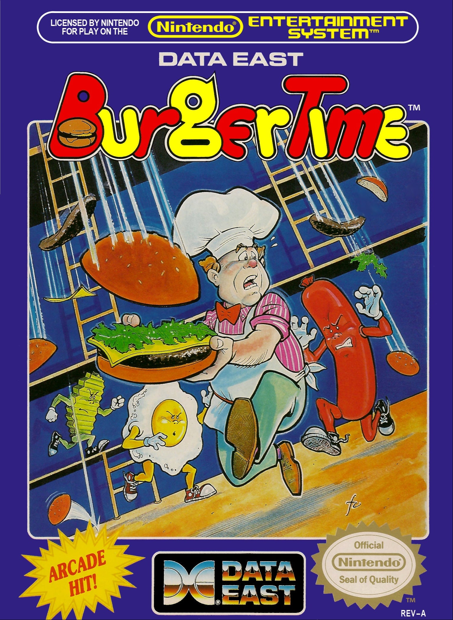 Burger Time video game box for Nintendo Entertainment System featuring Data East branding.