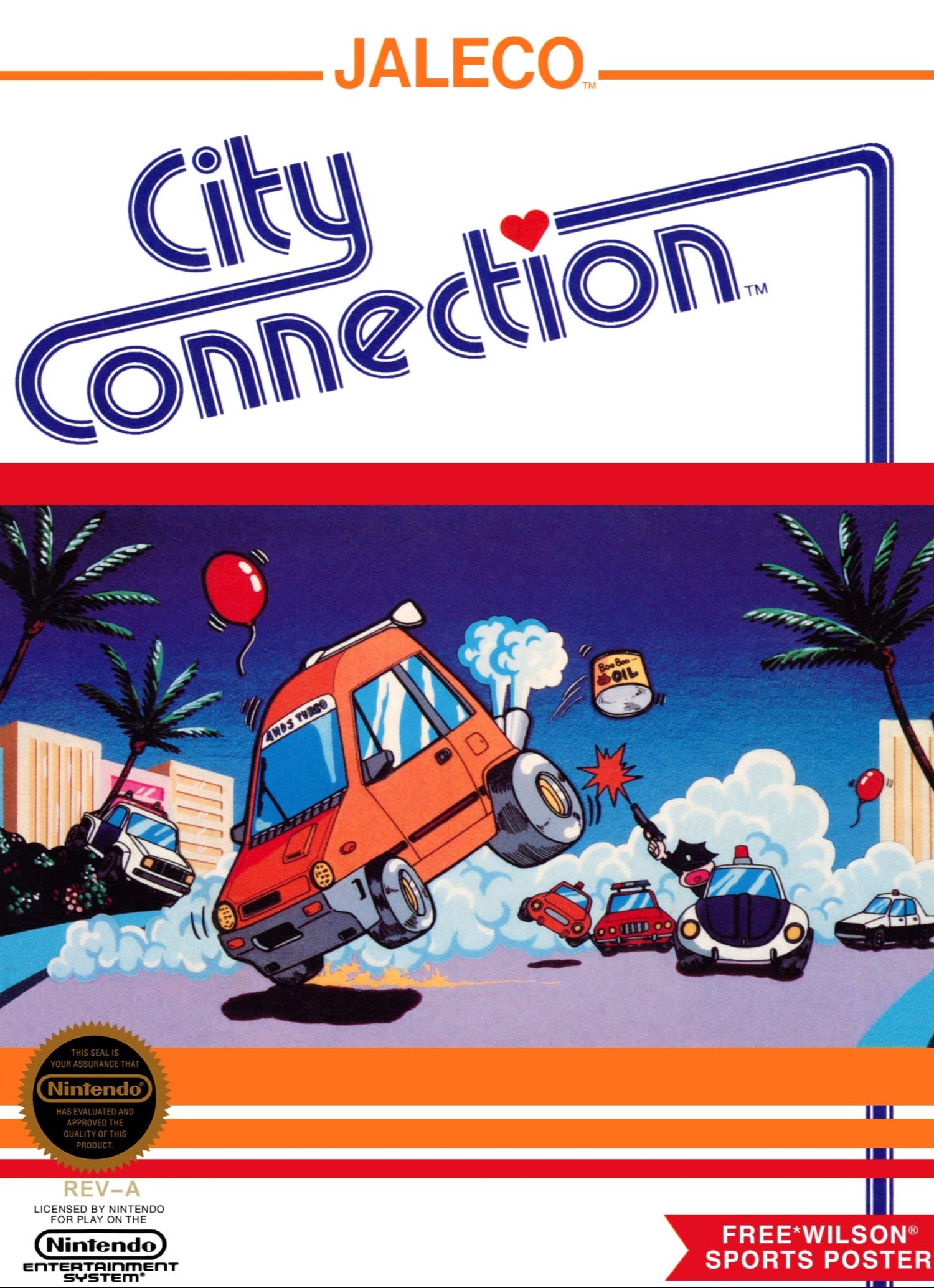 Vintage video game box for 'City Connection' by Jaleco with colorful graphics and text.