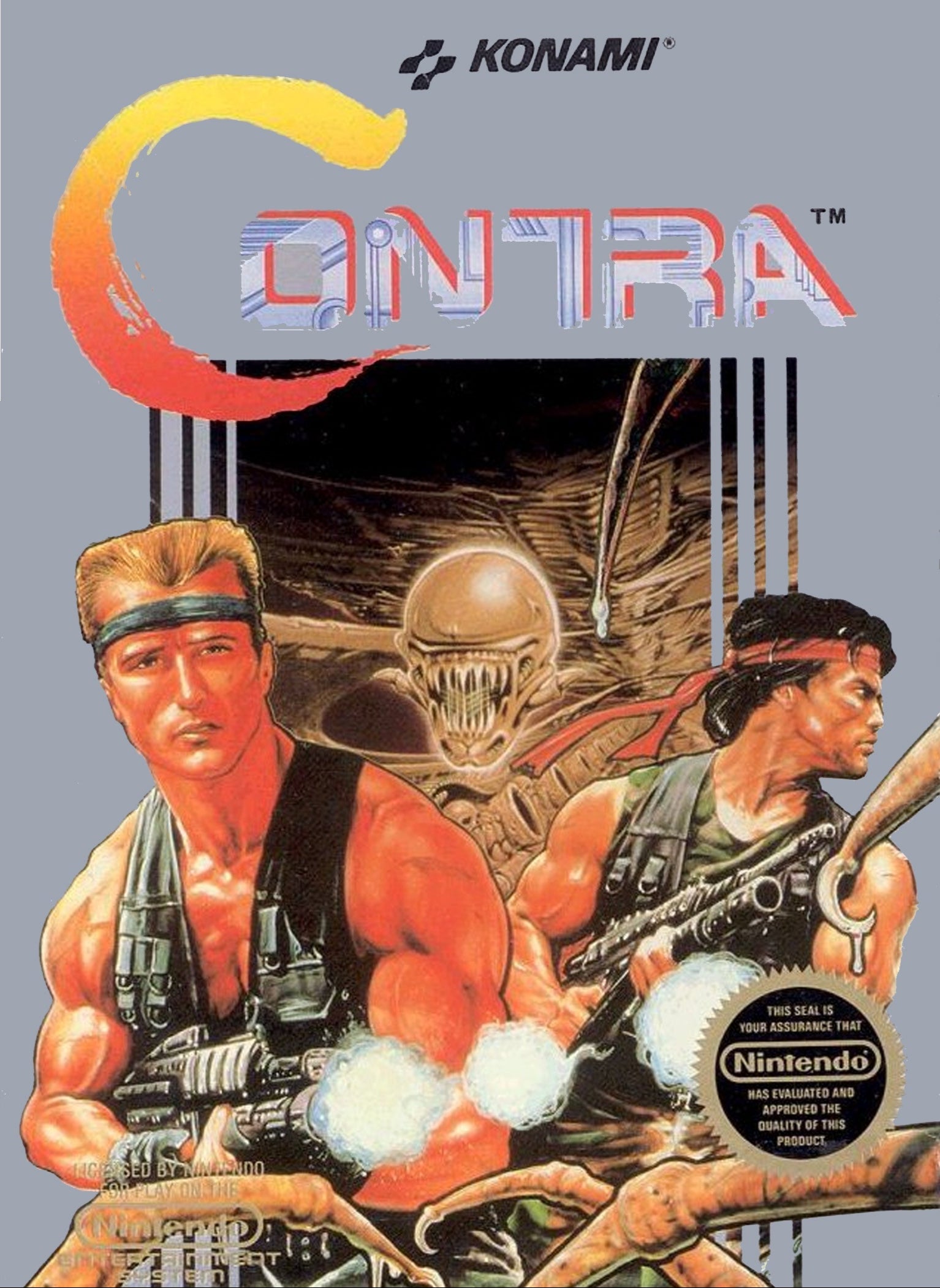 Vintage 'Contra' game cartridge packaging by Konami and Nintendo