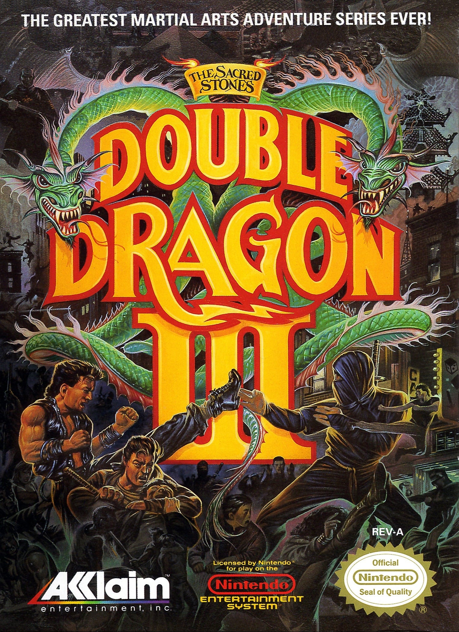 Double Dragon III video game cover with colorful graphics and text