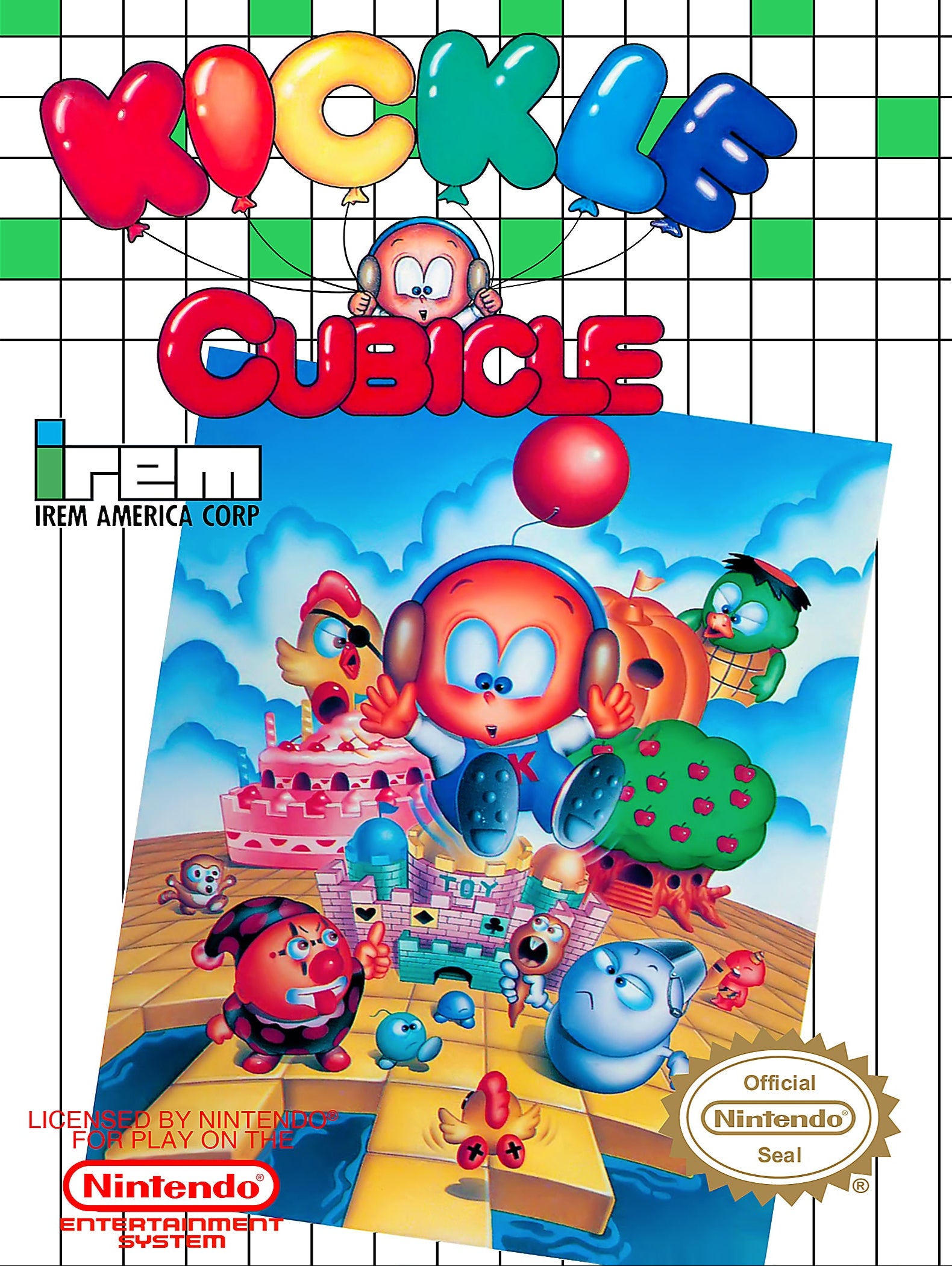 Vintage 'Kickle Cubicle' game box with colorful graphics and text, featuring the Nintendo logo.