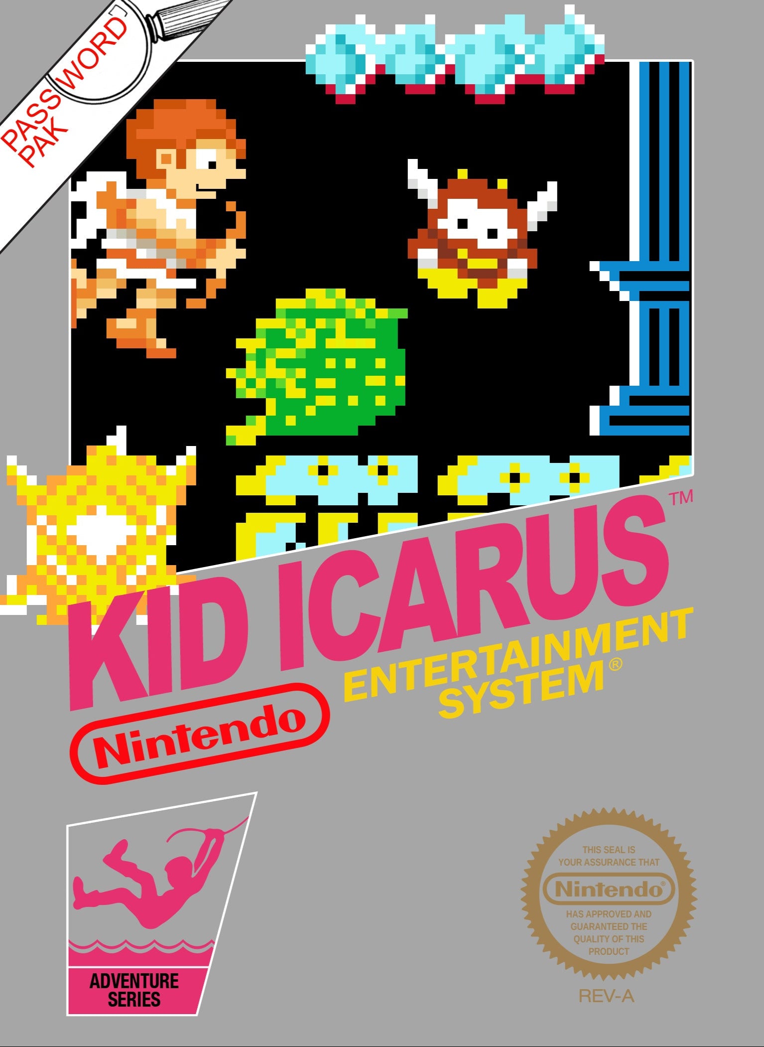 Nintendo Entertainment System game cartridge for 'Kid Icarus' with pixel art graphics and branding.