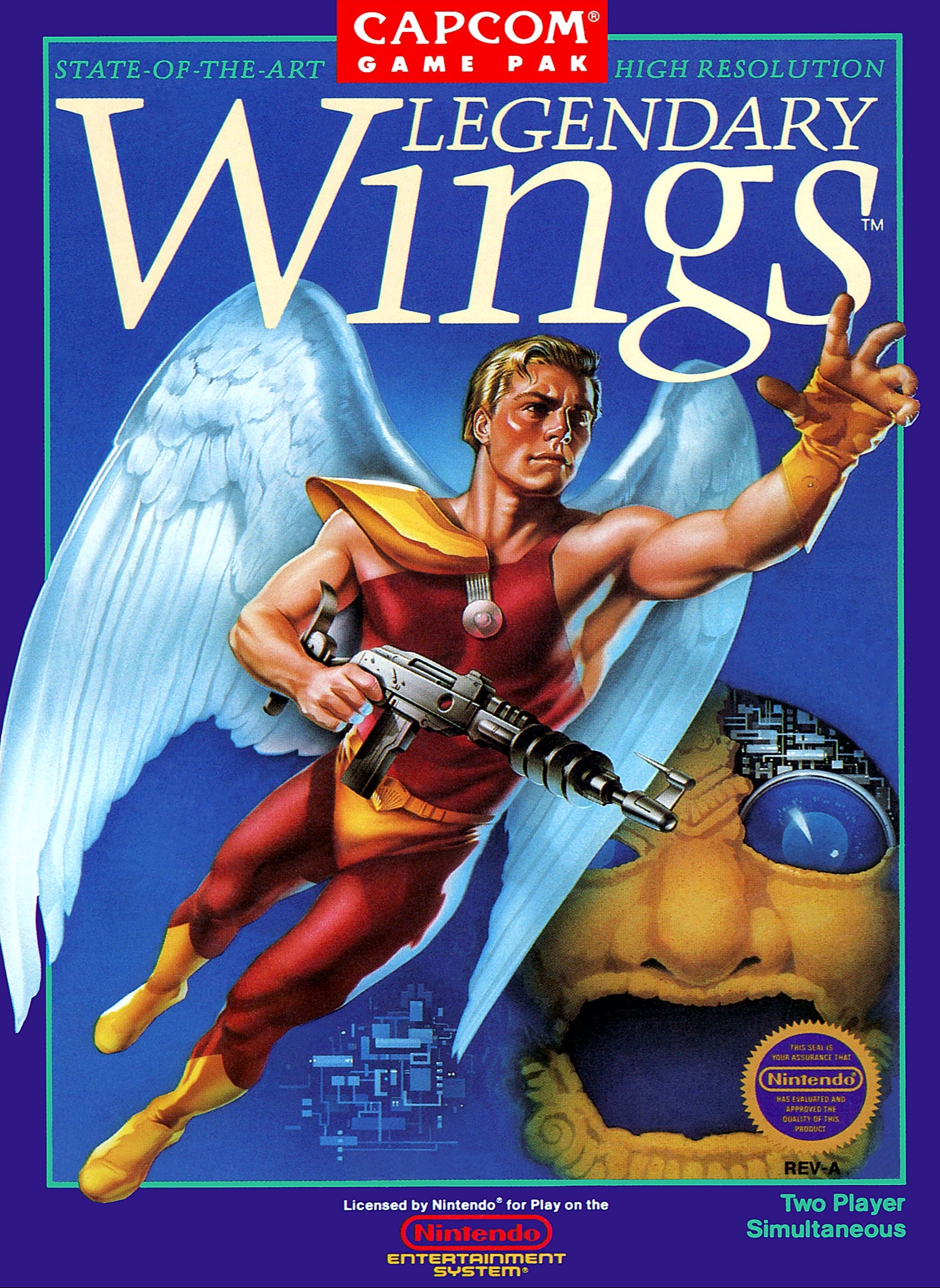 Video game cover for 'Legendary Wings' by Capcom on Nintendo Entertainment System