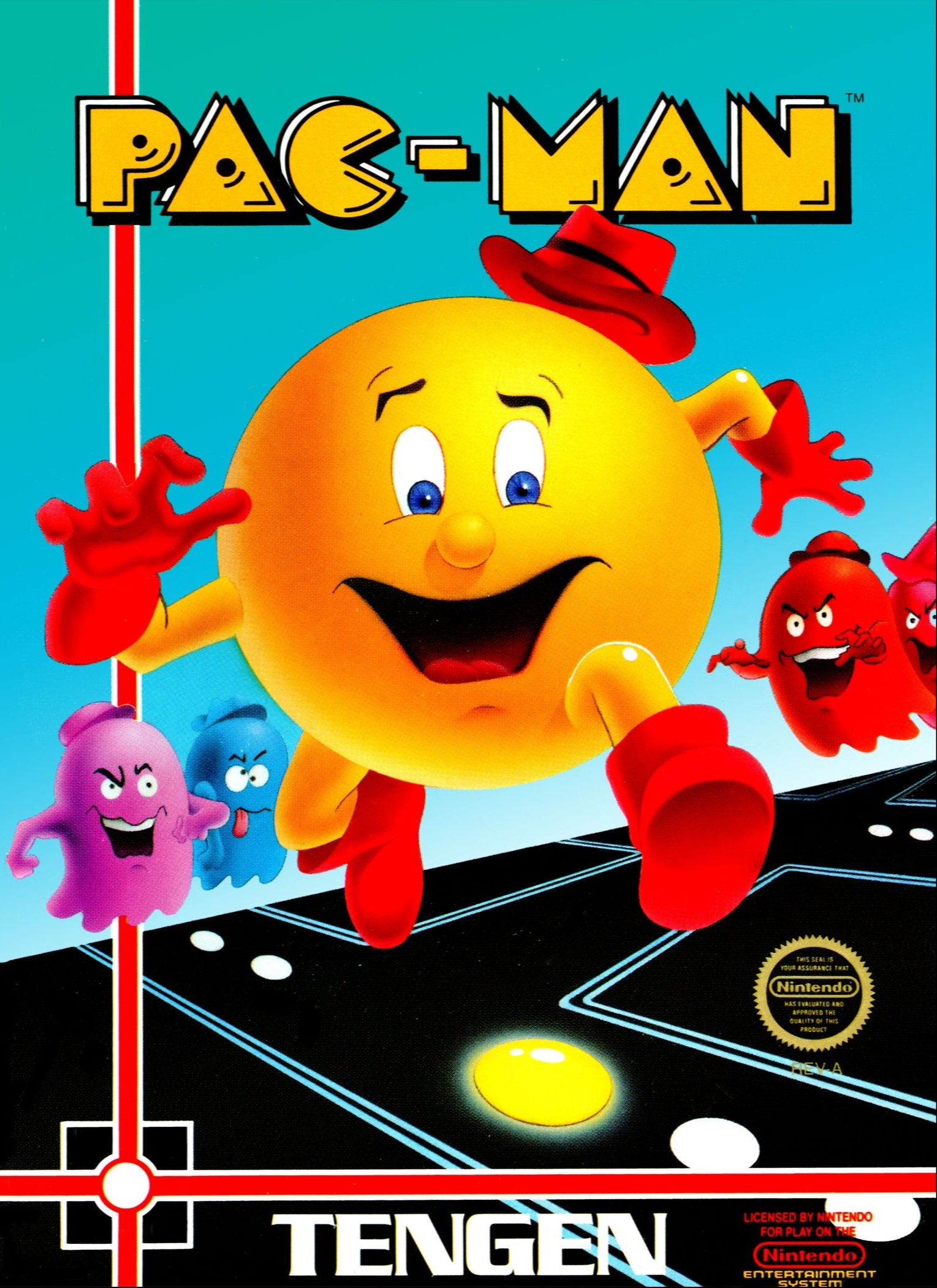 Pac-Man video game box with Pac-Man character and text on a blue background