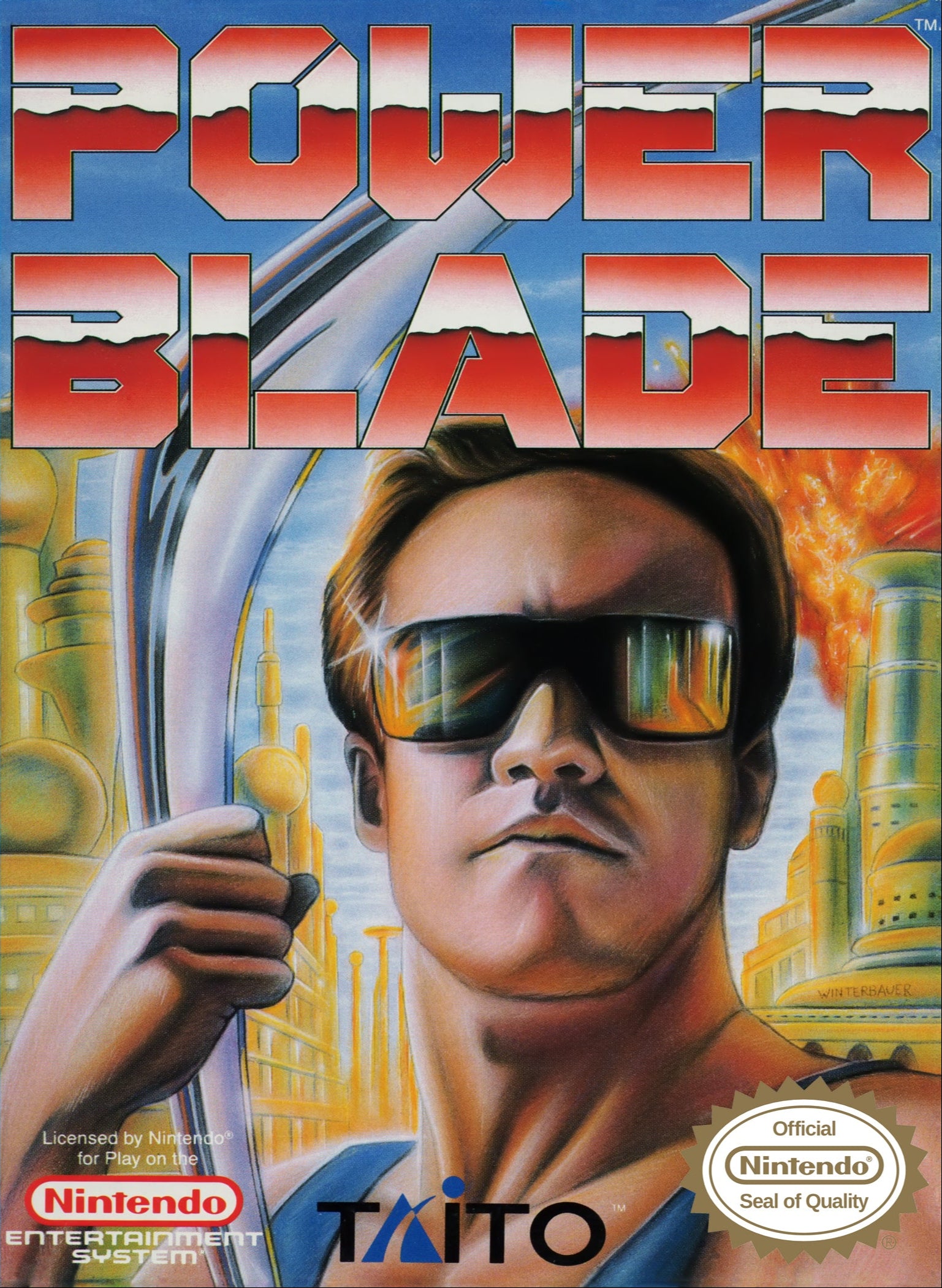 Video game box for 'Power Blade' by Taito featuring graphics and text.