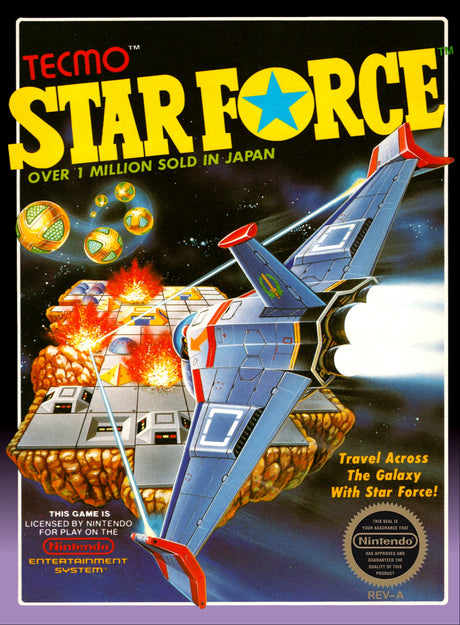 Vintage Tecmo Star Force video game box with space-themed graphics and text.