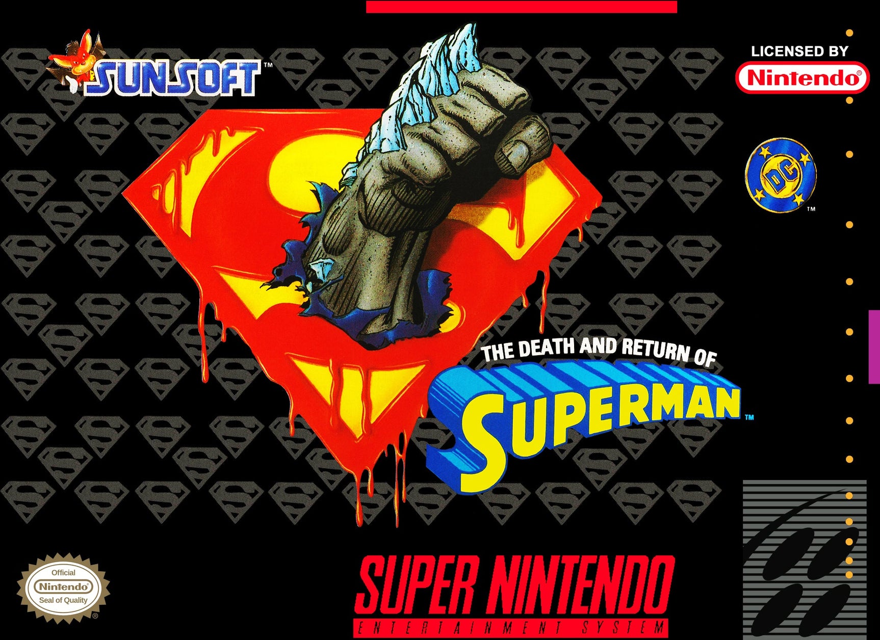 Superman video game case with colorful graphics on a black background