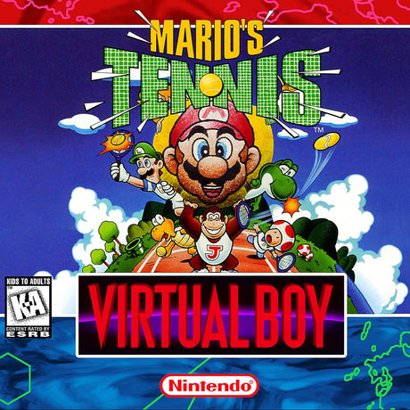 Nintendo Virtual Boy Mario's Tennis game cartridge with colorful graphics and text.