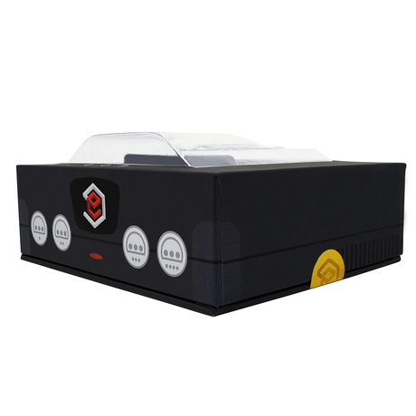 Angled view of EON Super 64 box designed to resemble a Nintendo 64 console front