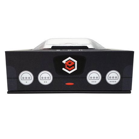 Straight-on view of the front of the EON Super 64 packaging mimicking an N64 console