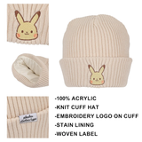 Pokemon Ribbed Knit Embroidered Pikachu On Natural Satin Lined Cuff Beanie