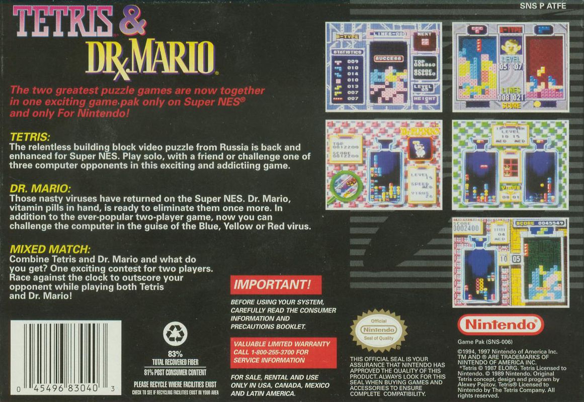 Tetris and Dr. Mario - Super Nintendo