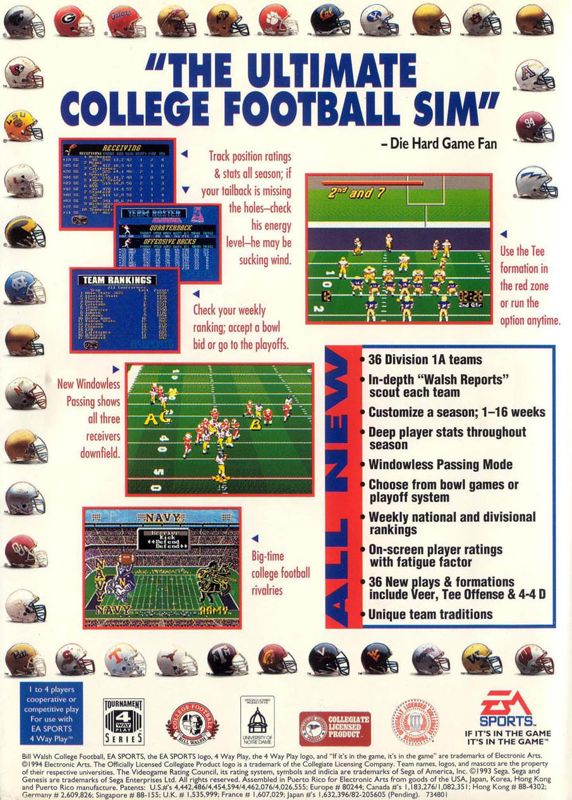 Bill Walsh College Football 95 - SEGA Genesis