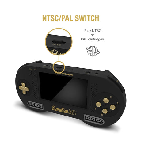 SupaBoy Portable Pocket Console for Super NES / Super Famicom Games - Black/Gold
