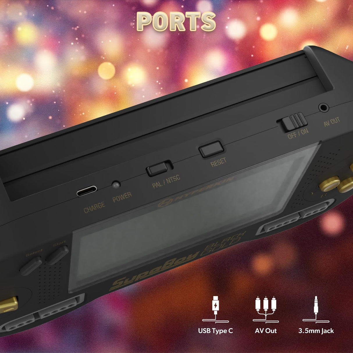 SupaBoy Portable Pocket Console for Super NES / Super Famicom Games - Black/Gold