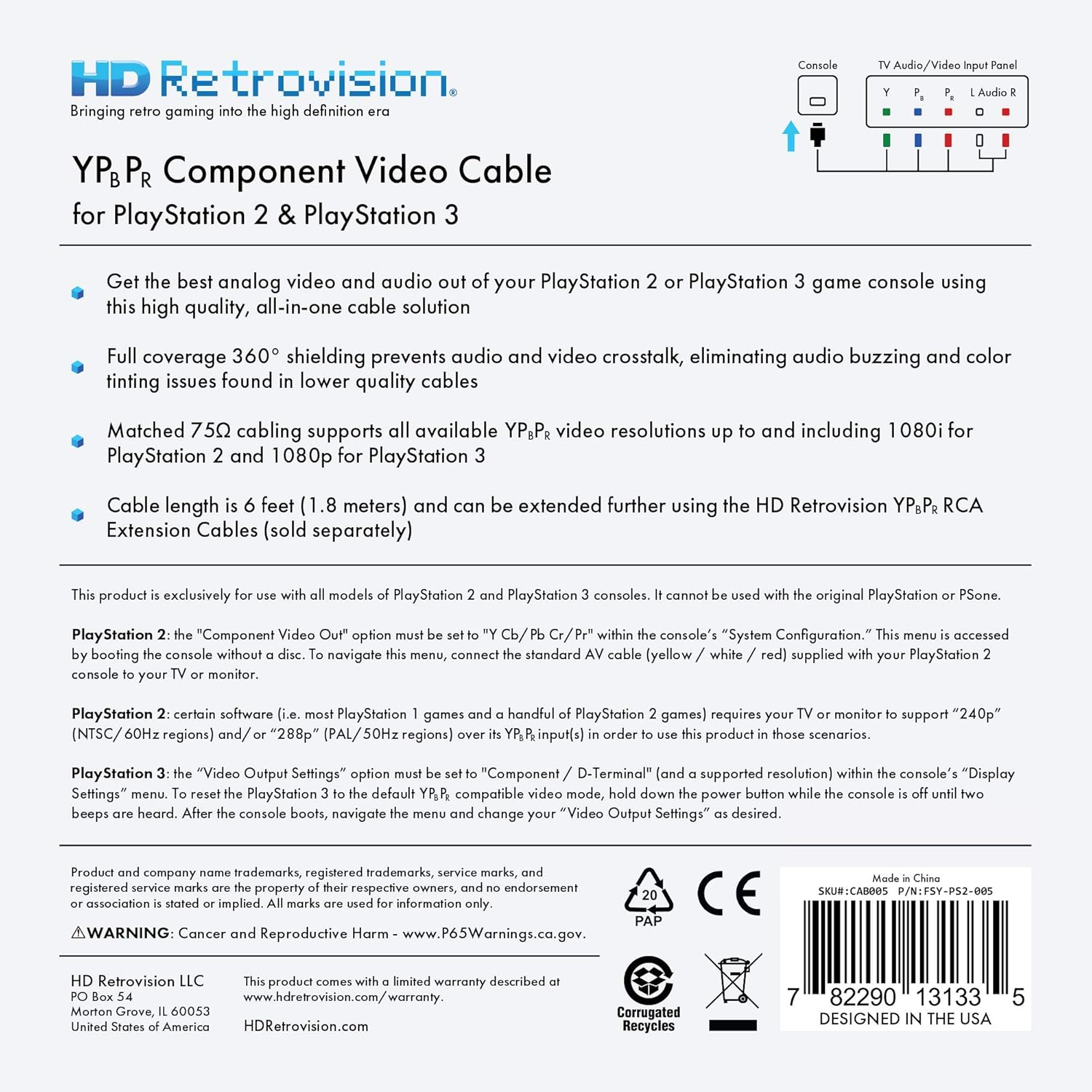 Preimum YPbPr Component Cable for PlayStation 2 and PlayStation 3