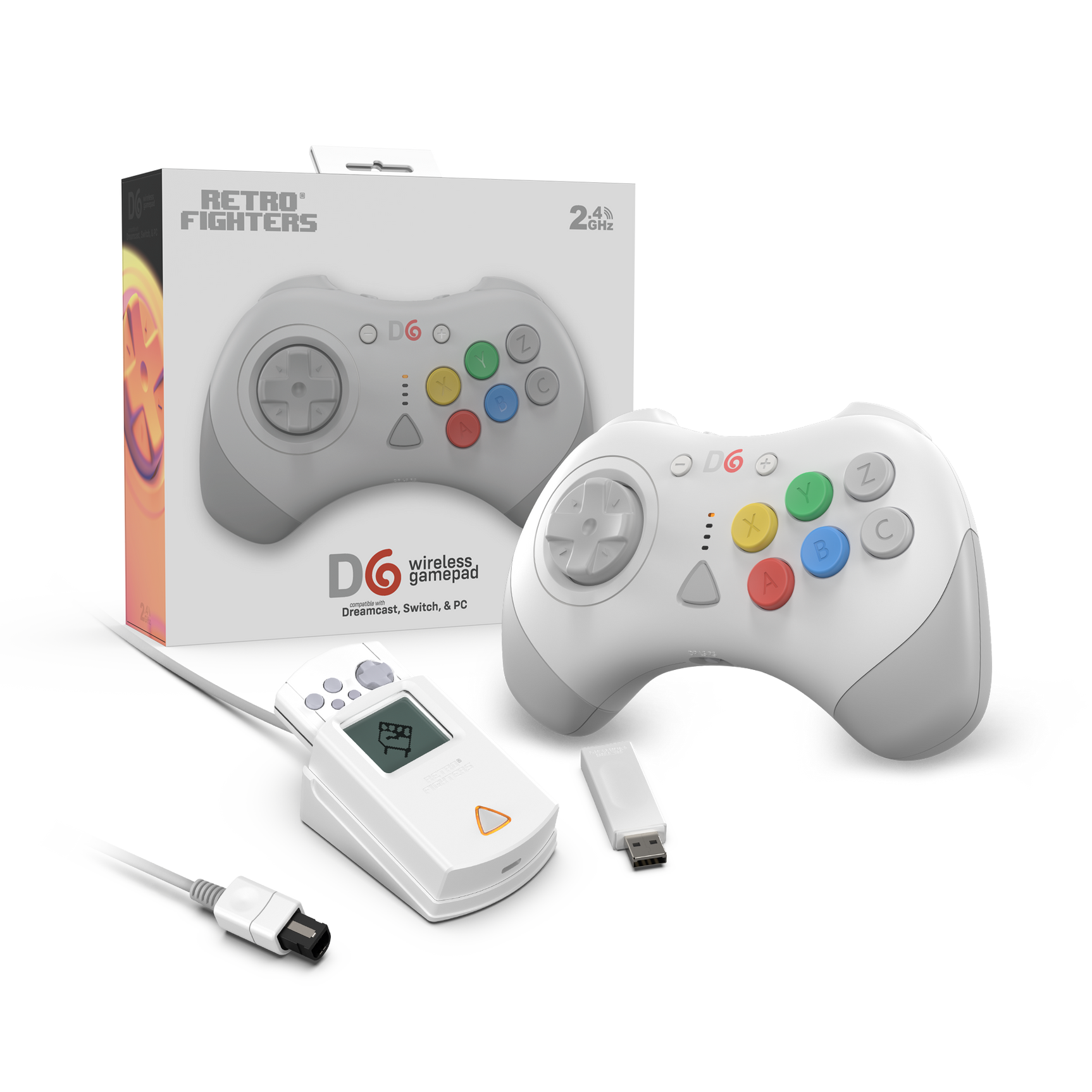 D6 6-Button 2.4GHz Wirelress Controller for SEGA Dreamcast / Switch / PC - White