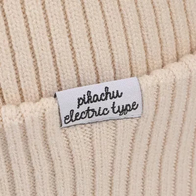 Pokemon Ribbed Knit Embroidered Pikachu On Natural Satin Lined Cuff Beanie