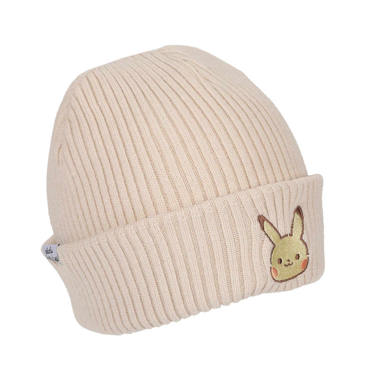 Pokemon Ribbed Knit Embroidered Pikachu On Natural Satin Lined Cuff Beanie