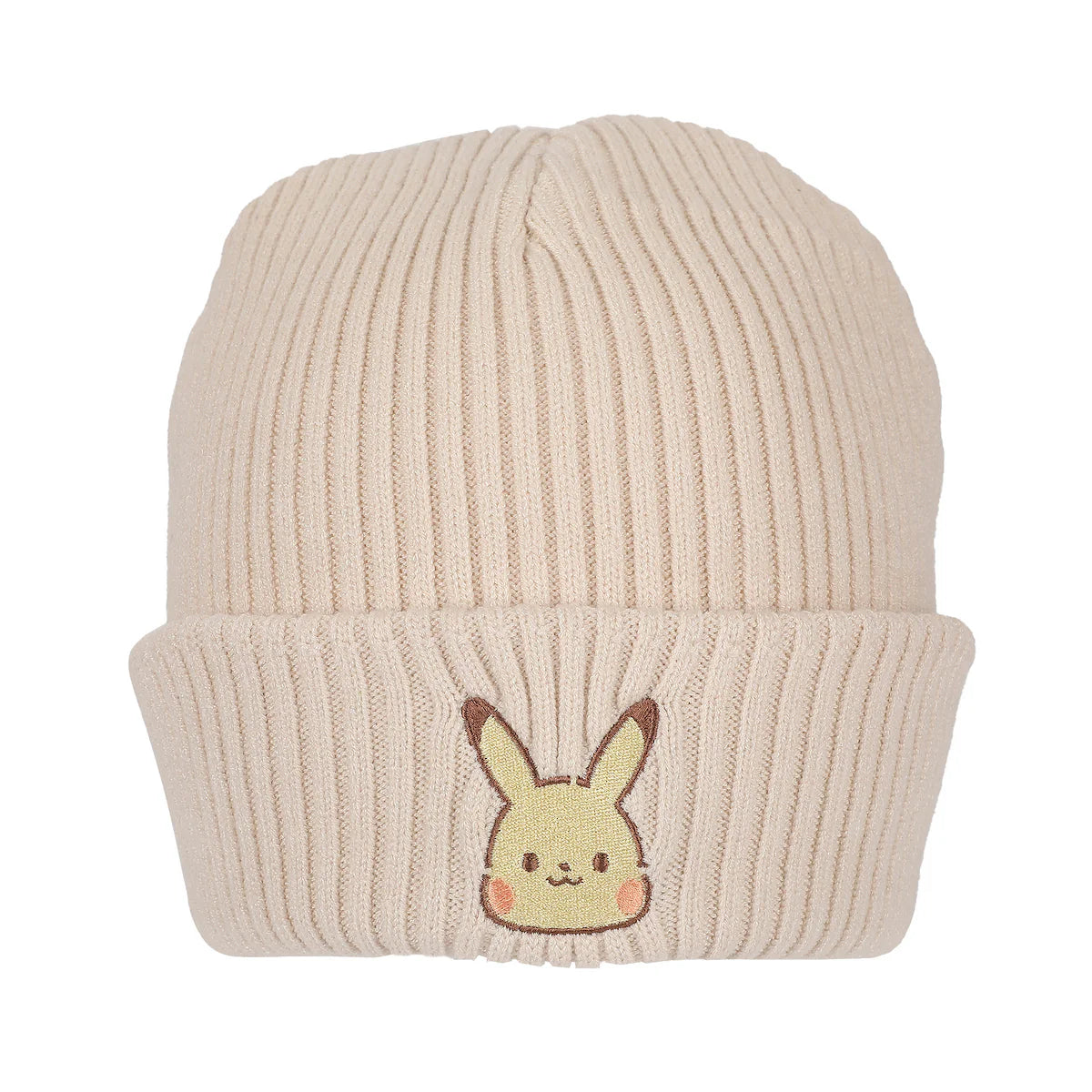 Pokemon Ribbed Knit Embroidered Pikachu On Natural Satin Lined Cuff Beanie