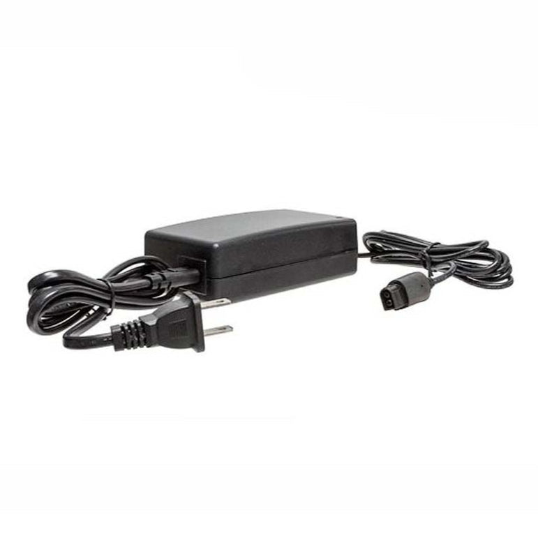 Black power adapter with cable on a white background