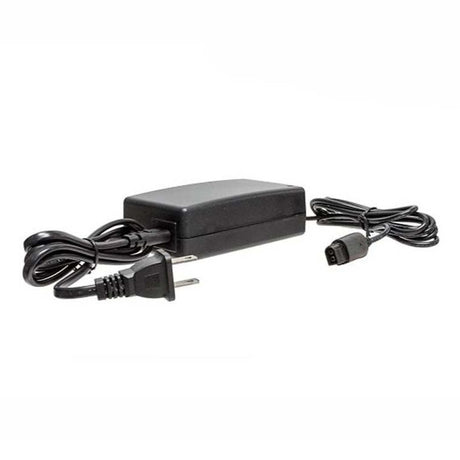 Black power adapter with cable on a white background