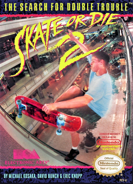 Vintage 'Skate or Die 2' video game box with graphics and text on a blue background