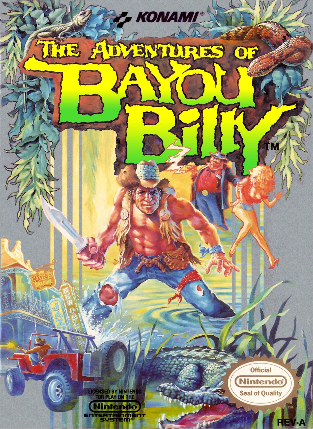 Vintage video game box for 'The Adventures of Bayou Billy' by Konami on a Nintendo Entertainment System.