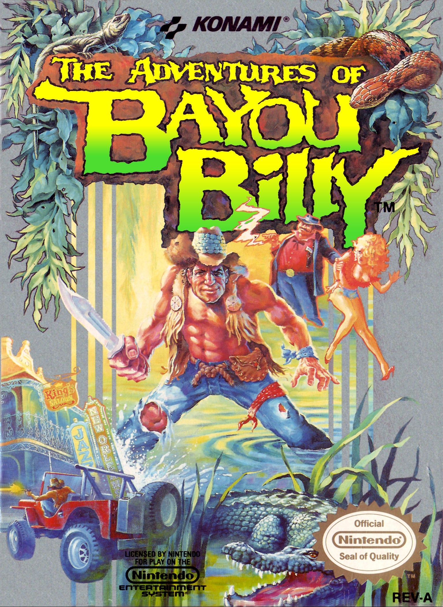 Vintage video game box for 'The Adventures of Bayou Billy' by Konami on a Nintendo Entertainment System.