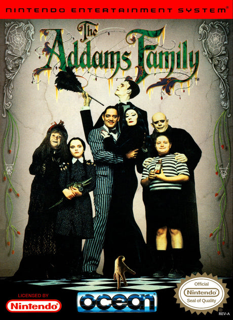 Video game case for 'The Addams Family' on NES with Ocean and Nintendo logos.